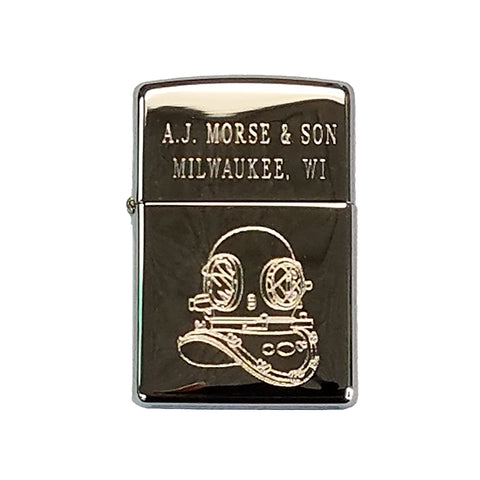 Engraved Zippo Lighter Morse with Mark V Helmet - Chrome